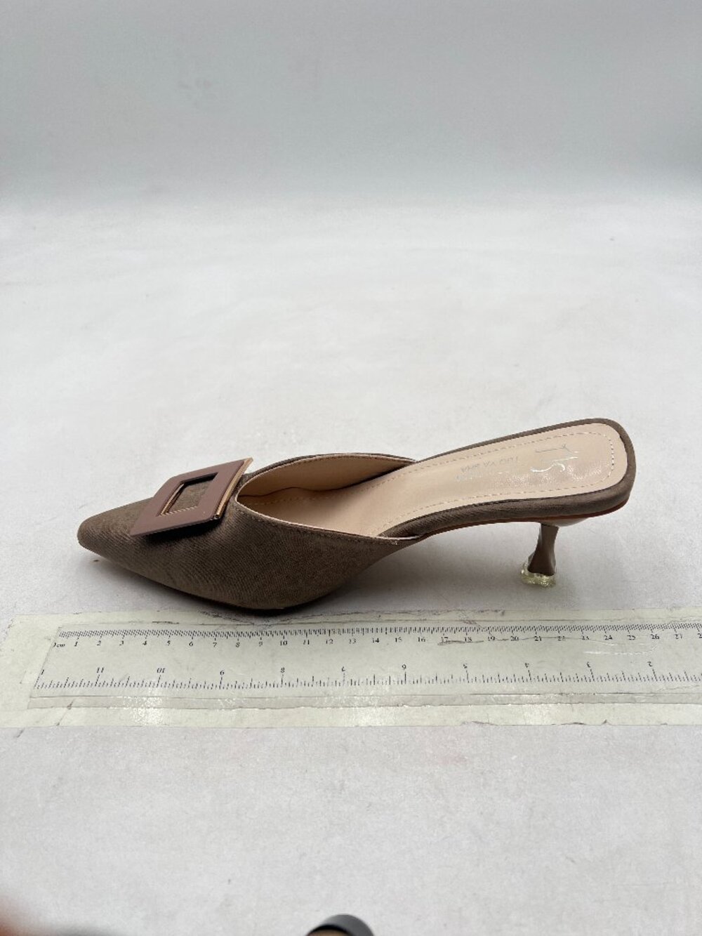 Brown Pointed Kitten Heel Mule with Buckle
